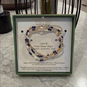 SHIVAM lapis and freshwater, pearl stretch bracelet
